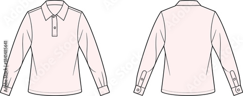 Long sleeve women’s polo shirt fashion flat sketch with collar, button placket, cuff details, technical drawing apparel template for clothing design.