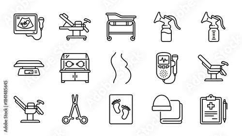 Childbirth and newborn medical instruments icon set