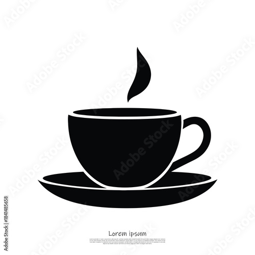 This image shows a black icon of a steaming hot coffee cup sitting on a saucer