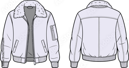 Shearling collar bomber jacket front and back flat sketch template for fashion designers, detailed outerwear mockup showcasing pockets, zipper, and winter garment structure