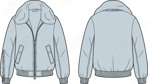 Shearling collar bomber jacket front and back flat fashion sketch template for apparel designers, detailed outerwear mockup, winter garment illustration