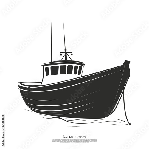 This image shows a robust black icon of a fishing boat with a cabin and mast on water