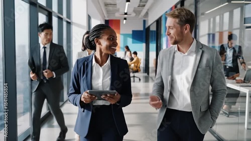 Two professional colleagues walk through a bright office corridor, smiling and chatting by windows!!