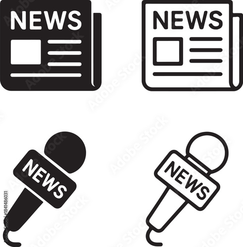 Isolated media news icon, global media news journalism reporting symbol, trending media news icon with clean minimal black outline for broadcast communication digital branding use