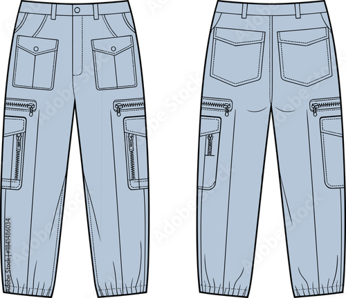 Technical cargo pants flat sketch showing front and back views with zipper pockets, flap pockets, elastic hems and detailed stitching design