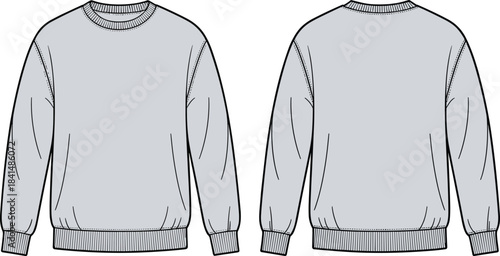 Blank crewneck sweatshirt front and back technical fashion sketch template for apparel design, clothing mockup, garment illustration, unisex casual wear