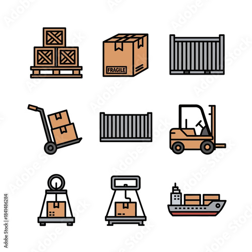 Collection of colorful flat line icons representing logistics, cargo shipping, and warehouse equipment.