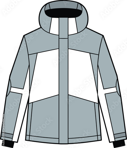 Modern insulated hooded ski jacket with zip front, color block panels, articulated sleeves and ergonomic hood for cold weather performance