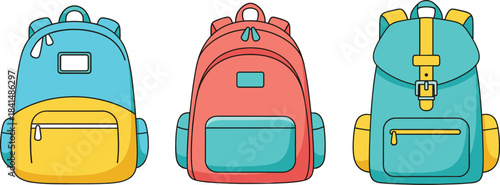 Set of colorful modern school backpacks with pockets, zippers, and straps in clean flat style vector illustration