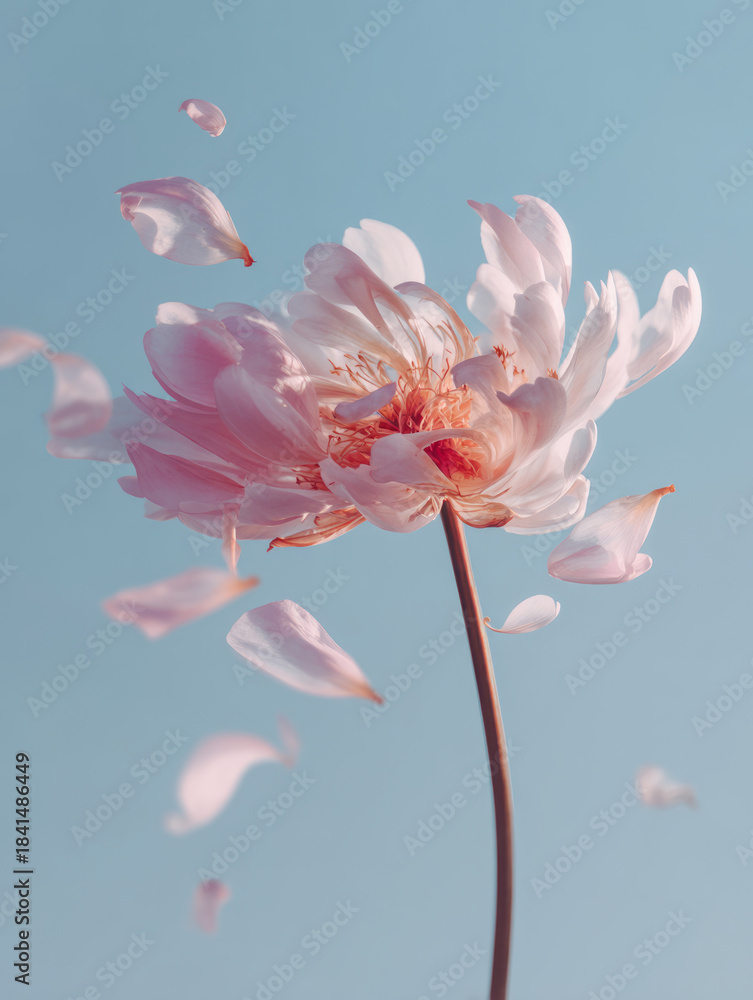 Fototapeta premium delicate pink flower losing petals in slow motion against soft blue sky, symbolizing fragility and transient beauty