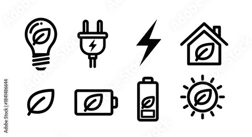 Collection of eco-friendly energy icons representing sustainable living.