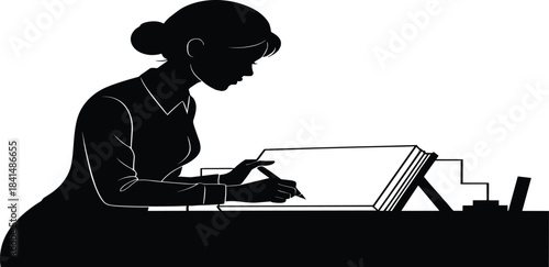 Silhouette of person writing in large book at desk, scholarly study scene with stacked books, education research illustration, focused learning concept
