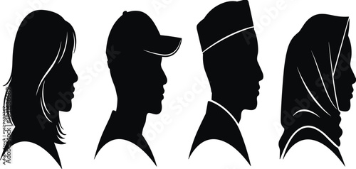 Diverse group of four profile silhouettes showing multi-ethnic people: woman, man in cap, Muslim man in Kufi, and woman wearing a hijab, representing identity and global diversity.