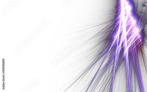 Dynamische energievoll leuchtende Lichtstrahlen in violett und blau auf schwarzem Hintergrund – Energietransfer, Innovation, Technologie, Daten, Internet, Wissenschaft, Laserstrahlen, Forschung