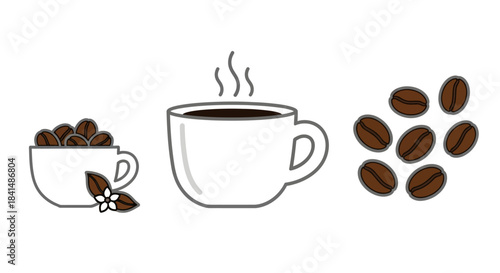 Coffee Illustration - Beans, Cup, and Aroma in a Minimalist Design.