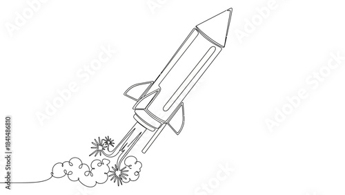 Minimalist Line Art Rocket Ship Launching Into Space With Smoke Trails and Flames