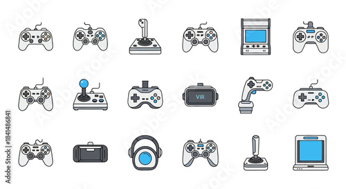 Collection of Gaming Controllers and VR Headsets in Doodle Style.