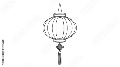 Traditional Chinese lantern with intricate knot and tassel detailed line art drawing