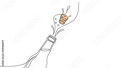 Minimalist Line Art Illustration of a Champagne Bottle Cork Popping with Bubbles