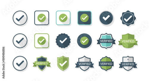 Collection of Green Check Mark Icons in Various Shapes and Styles.
