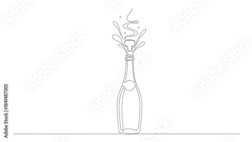 Minimalist line art of champagne bottle popping with celebratory splash