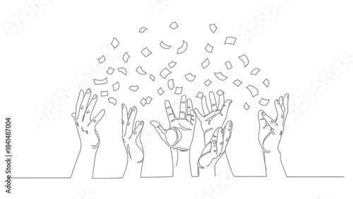 Celebration of success with confetti falling on raised hands and cheering audience