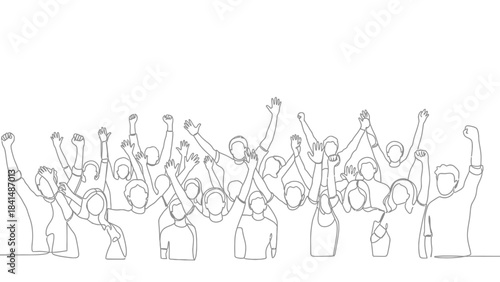 Crowd of Rejoicing Individuals: A dynamic line art illustration captures a vast crowd of anonymous individuals, arms triumphantly raised in a powerful display of unity and celebration. 