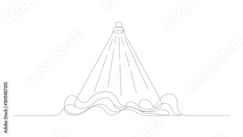 Minimalist line art shower head emitting water over wavy lines representing water or flow