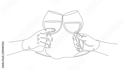 Cheers with Elegance: Delicate line art captures the essence of a celebratory toast, with two hands gracefully holding wine glasses. A moment of connection, joy, and refined simplicity.