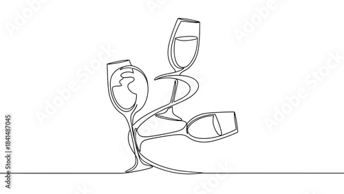Vine Lineage: A continuous, elegant line art gracefully weaves through wine glasses, symbolizing the timeless elegance of viticulture and the art of wine.