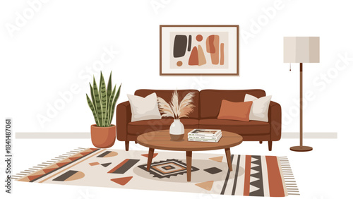 Living room interior with brown couch, coffee table, lamp, plant and abstract painting on the wall