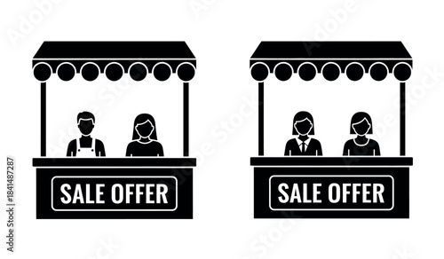 Two market booths with silhouette vendors selling goods