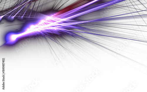 Dynamische energievoll leuchtende Lichtstrahlen in violett und blau auf schwarzem Hintergrund – Energietransfer, Innovation, Technologie, Daten, Internet, Wissenschaft, Laserstrahlen, Forschung