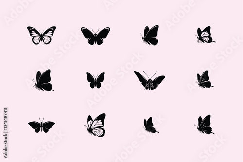Collection of delicate black butterfly silhouettes arranged on a soft pastel pink background