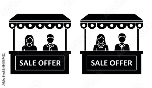 Market booth icons featuring vendors and sale signs