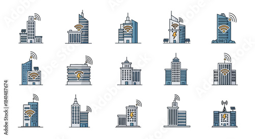 Collection of Modern City Buildings with Antennas and Flags.