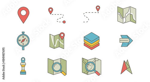 Collection of Navigation and Mapping Icons for Travel and Exploration.