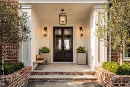 The front entrance of a contemporary house features a stylish brick facade surrounded by an array of vibrant plants, all set against a bright daytime backdrop