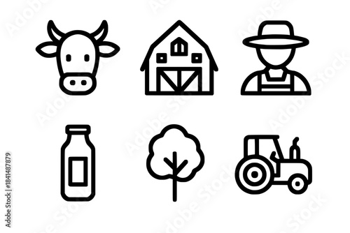 Minimal Farm and Agriculture Line Icon Set: Cow, Barn, Farmer, Milk, Tree, and Tractor Vector Graphics