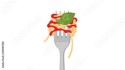 A fork with a serving of spaghetti and red sauce on a with a green leaf on top of the pasta