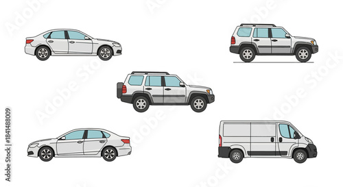Collection of Various White Cars - Sedan, SUV, Van, and Hatchback Designs.