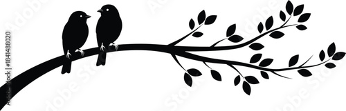 Silhouette of two birds sitting on a leafy tree branch in simple elegant black and white nature vector illustration