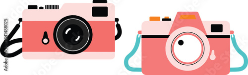 Set of stylish retro digital cameras with straps in minimal flat design style colorful vector illustration for photography themes