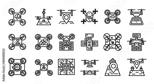Collection of Vector Drone Icons Depicting Various Designs and Styles in Outline.