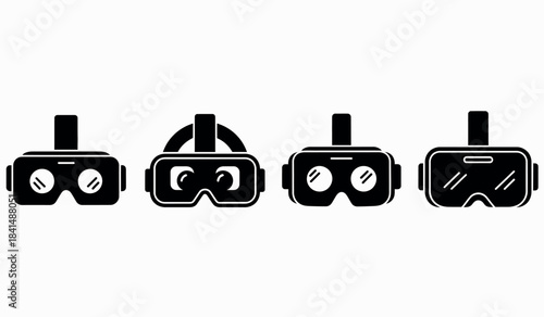 Four black virtual reality headsets isolated on white