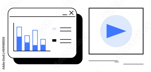 Bar chart analytics on web interface alongside play button for video content. Ideal for data visualization, video tutorials, business reports, online courses, marketing strategies, education, UI