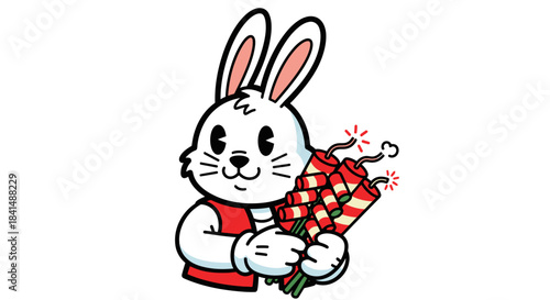 Cute vector illustration of a cheerful smiling Cartoon Rabbit head, holding a bunch of lit red firecrackers.