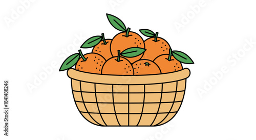 Flat vector illustration of a wicker basket full of fresh mandarin oranges (or tangerines) with green leaves