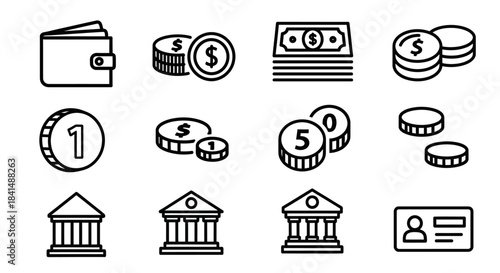 Collection of Simple Black and White Line Art Money Icons for Finance.