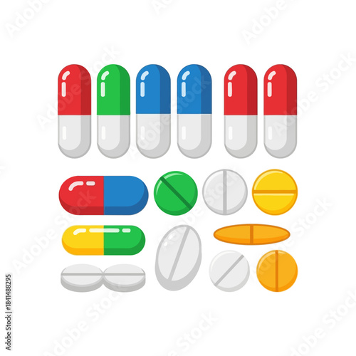 Colorful Assortment of Various Pharmaceutical Pills and Capsules in Vector Illustration.